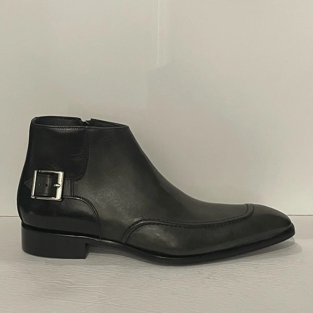 Duca ankle boot charcoal point toe Atalian leather side zipper side buckle